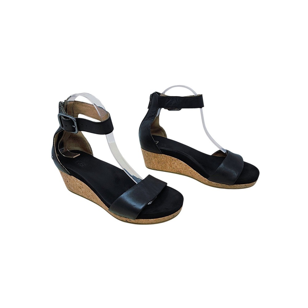 UGG Wedge Sandals 7.5 Women Zoe II Black Leather Cork Ankle Strap Resortwear 2"